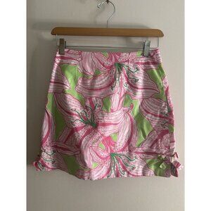 Lilly Pulitzer Fun Summer Skirt green pink flowers Womens 2 bow sides